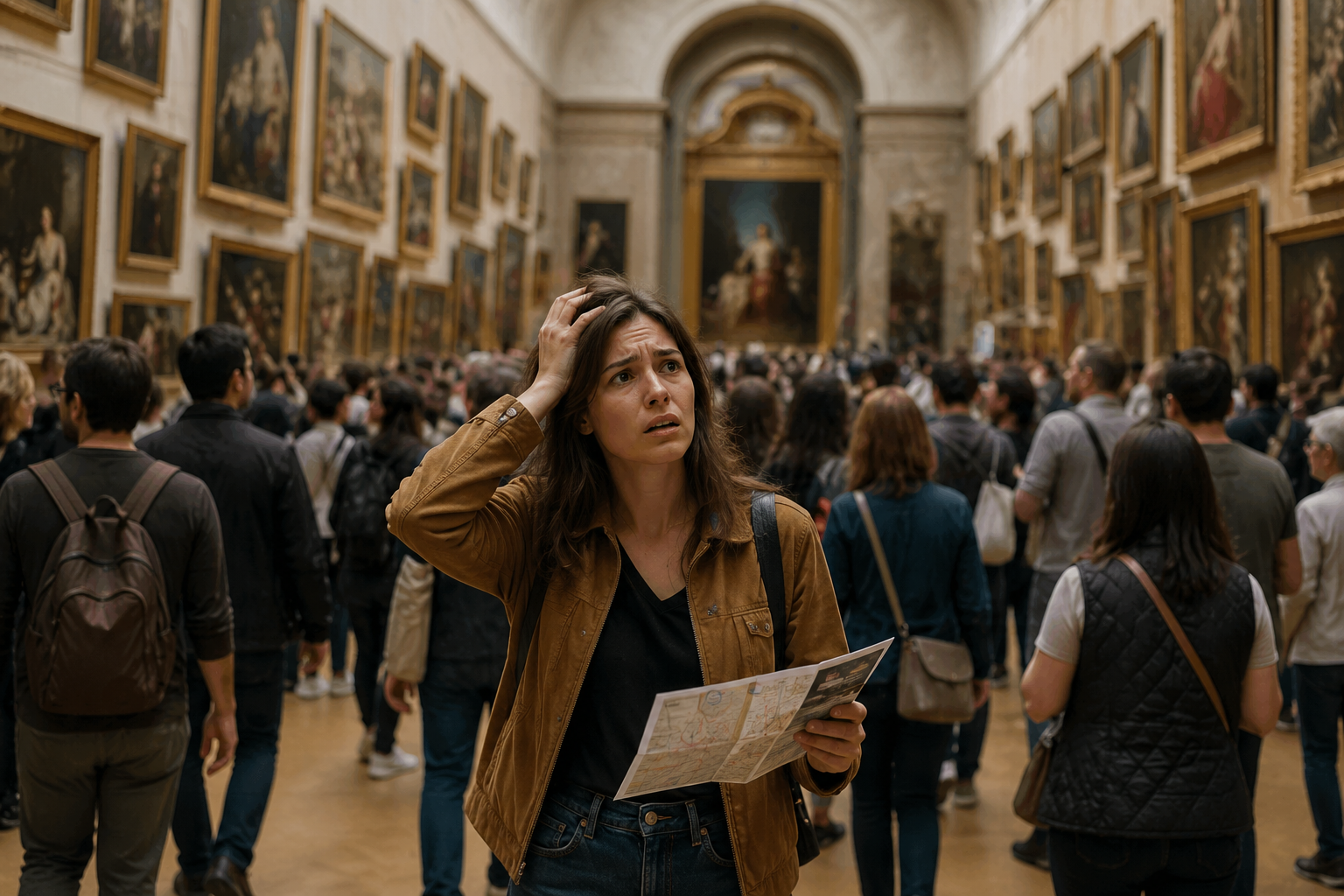 Tourist confused with paper map in crowded Louvre