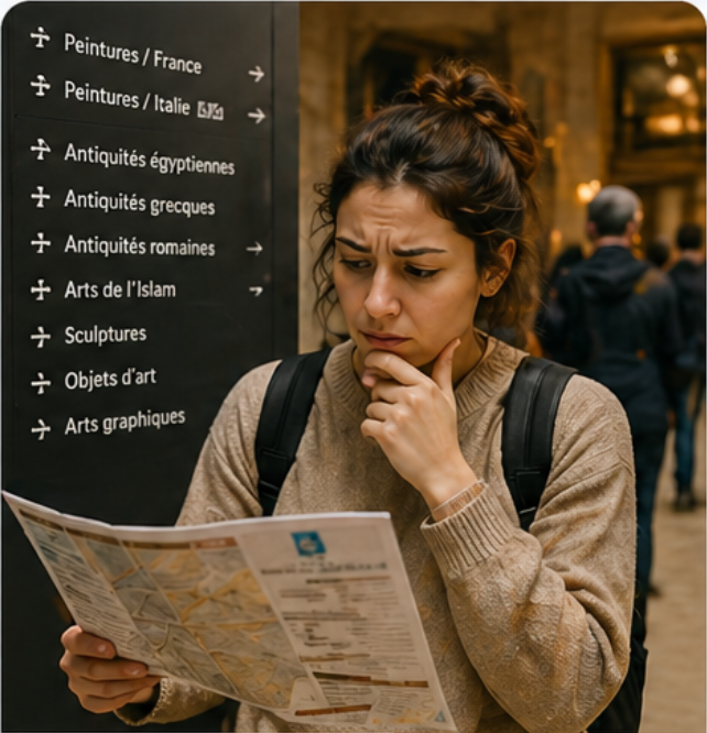 Tourist confused with a paper map at the Louvre